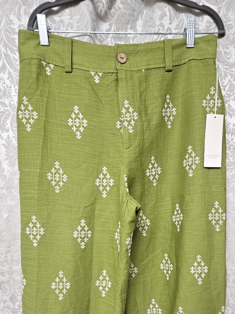 Calypso St. Barth NWT new green linen-blend trousers, ivory embroidery, size 12